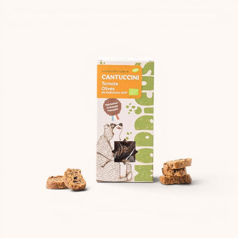 Biscuits apéritifs artisanaux Cantuccini tomate et olives de Kalamata, spécialité salée croustillante fabriquée en France pour un apéritif gourmand et authentique.