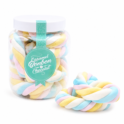 Bonbonnière de lanières de guimauve torsadées multicolores 300 g présentée par ADG Diffusion grossiste en confiseries