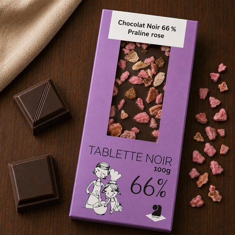 Tablette de chocolat noir 66% - Praline rose 100g