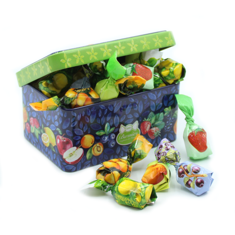 Boite en metal garnie de bonbons fruits du verger - 100g