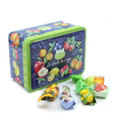 Boite en metal garnie de bonbons fruits du verger - 100g
